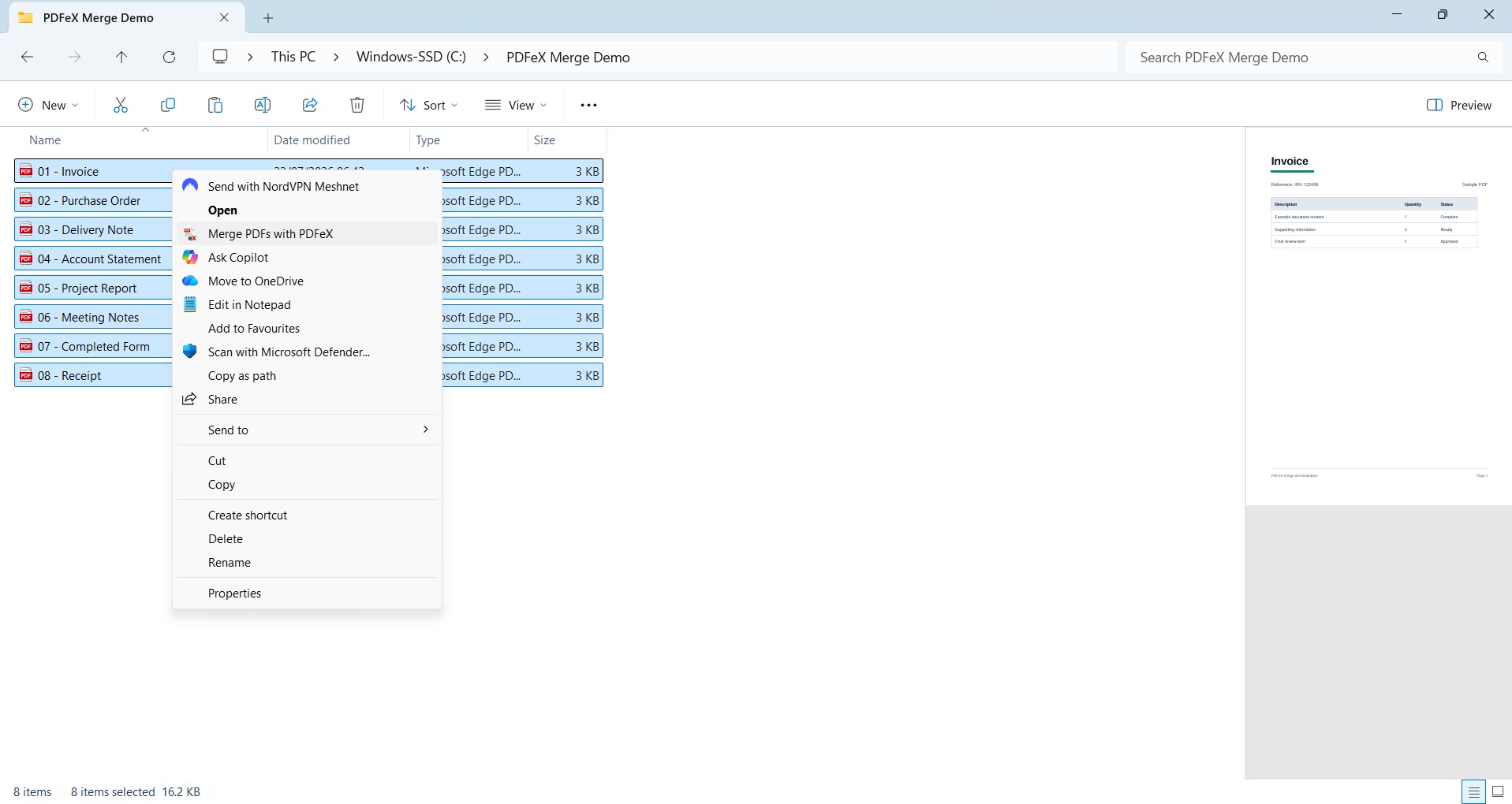 Selected PDF files in File Explorer with Merge PDFs with PDFeX
