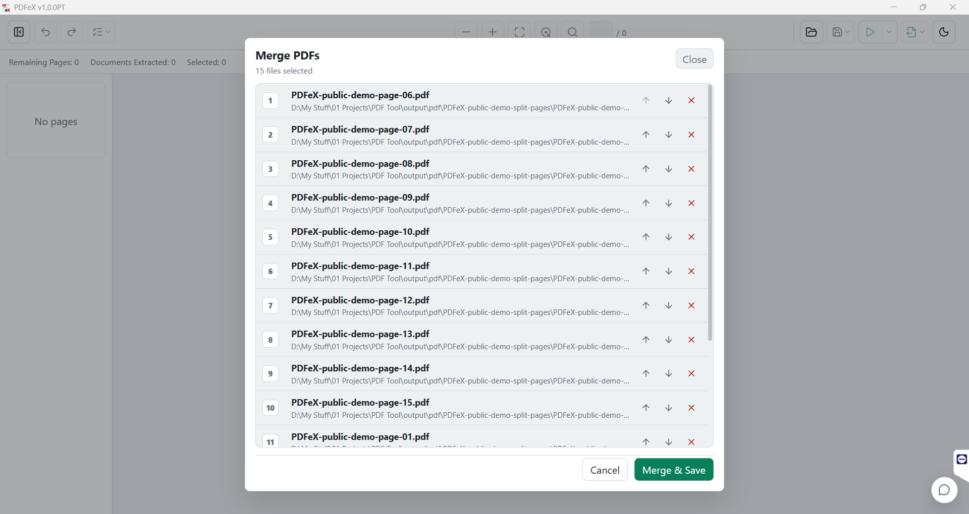 PDFeX merge window for reviewing and arranging PDF files