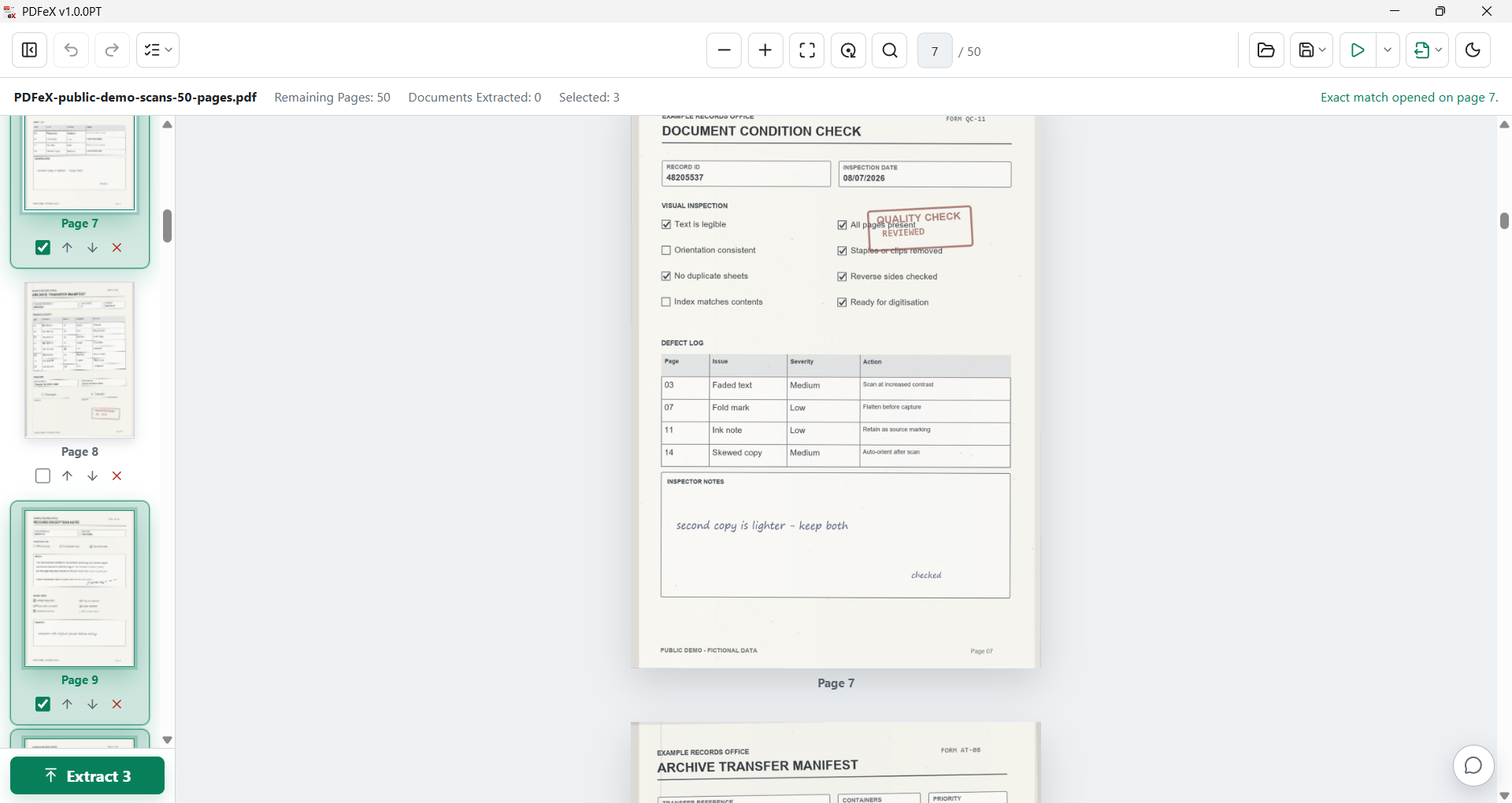 PDFeX with selected pages ready to reorder, delete or extract